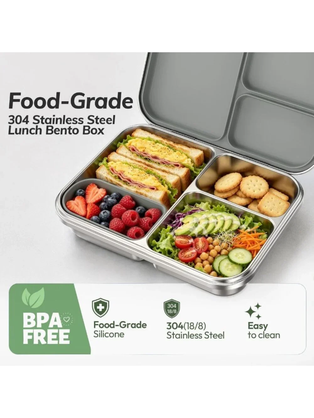 Leak-Resistant Stainless Steel Bento Lunch Box, 3 Compartments, BPA-Free, Grey